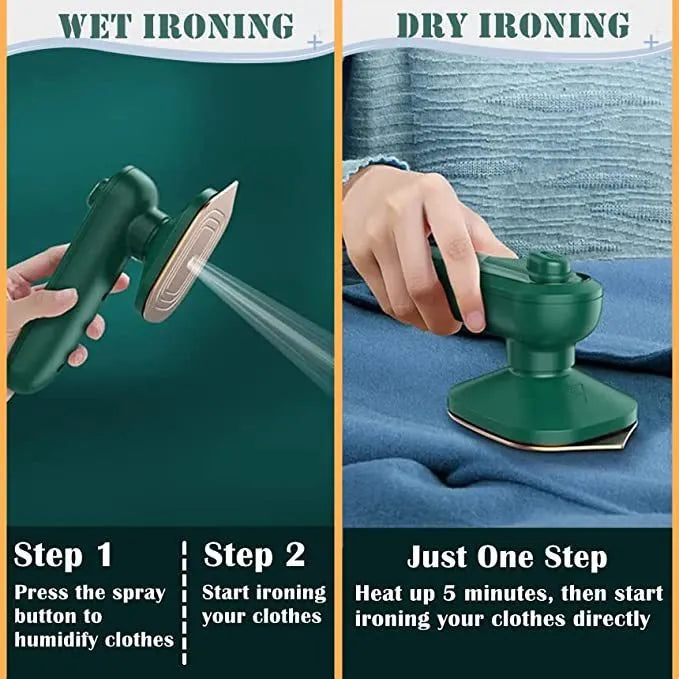 Dark green handheld portable garment ironing machine with titanium metal panel