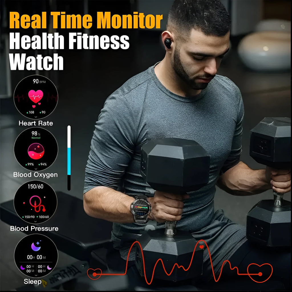 Bluetooth calling smart watch with IPS touch screen showing health monitoring display