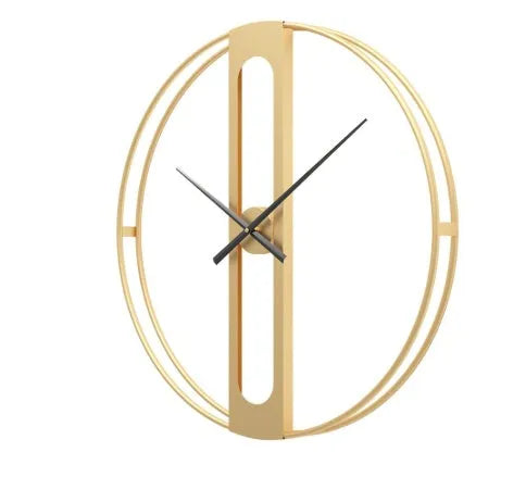 Large round metal wall clock with Roman numerals on a white wall.