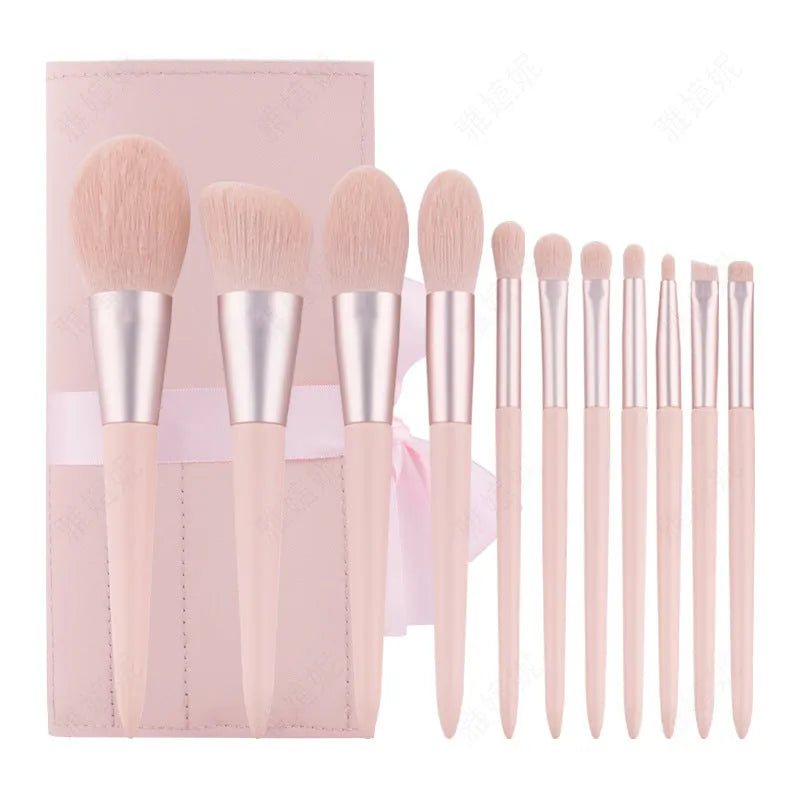 12-piece makeup brush set with light blue handles, nylon hair, wooden handles, 19.5cm length, and PU brush bag
