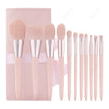 12-piece makeup brush set with light blue handles, nylon hair, wooden handles, 19.5cm length, and PU brush bag
