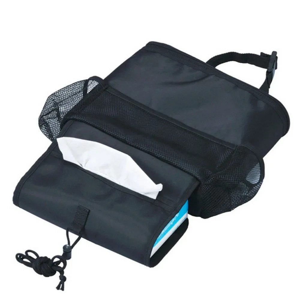 Black nylon multi-pocket car seat back organiser with adjustable straps measuring 28cm x 10cm x 22cm
