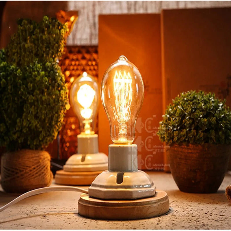 Retro ceramic table lamp with wooden base, glass shade, and a dimmer switch in American Country style.