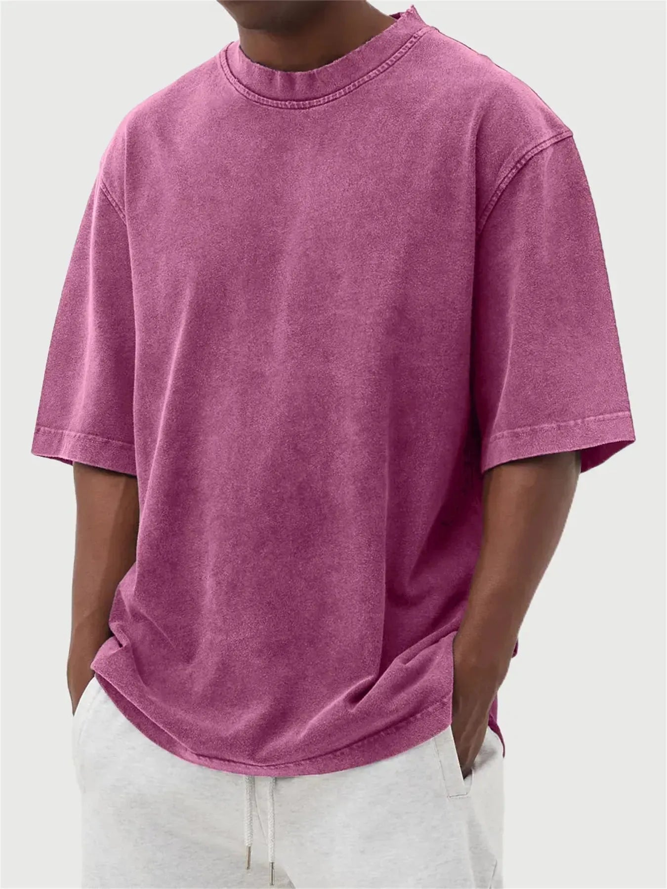 Men's stone-washed loose-fit pullover T-shirt in army green distressed solid colour