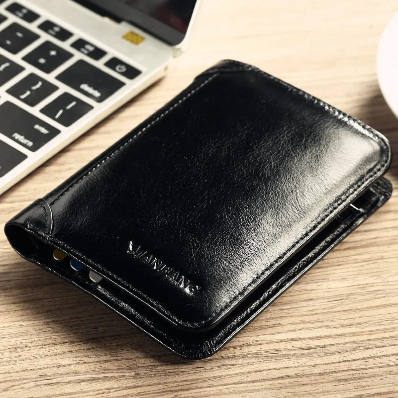 Men's black full-grain leather bifold wallet open, showing card slots, zip coin pocket, and banknote section.