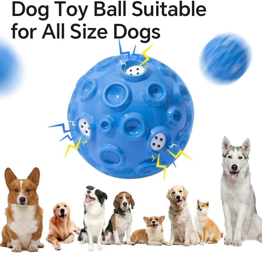 Durable rubber dog chew ball in multiple colours with squeaky sound and teeth-cleaning bumps.
