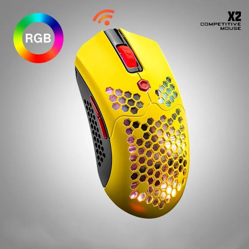 Free Wolf X2 wireless RGB gaming mouse in black on a mouse pad, showing ambidextrous shape and side buttons.