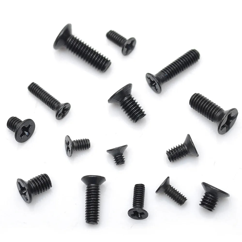 Box of black flat head machine screws for laptop repair in 450, 650, or 720 piece counts.