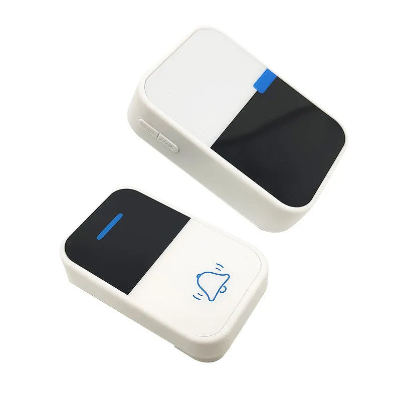White self-generating wireless doorbell kit with plug-in receiver and compact outdoor transmitter.