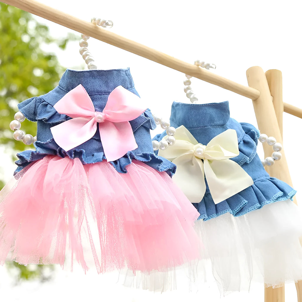 Creative Bow Pet Denim Skirt, Korean style, white yarn option with bow detail on denim fabric