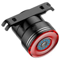 Black aluminium alloy USB rechargeable smart brake sensing bicycle tail light showing dimensions