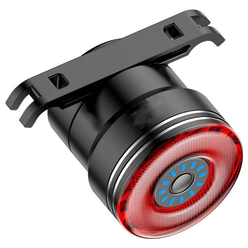 Black aluminium alloy USB rechargeable smart brake sensing bicycle tail light showing dimensions