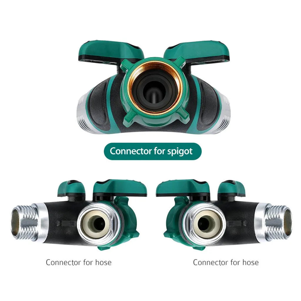 Green plastic Y type double-pass garden hose splitter with two outlets and brass-coloured inlet