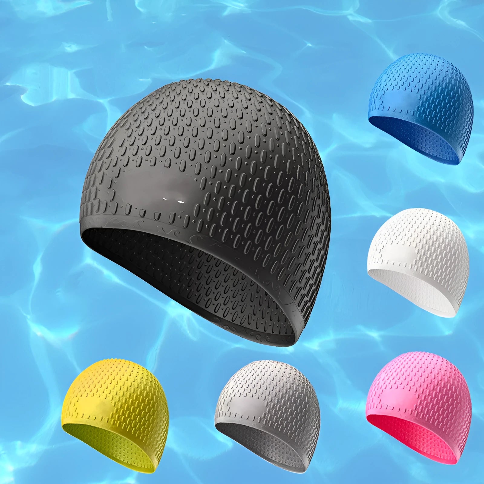 Silicone water drop swimming cap for adults in various solid colours on white background