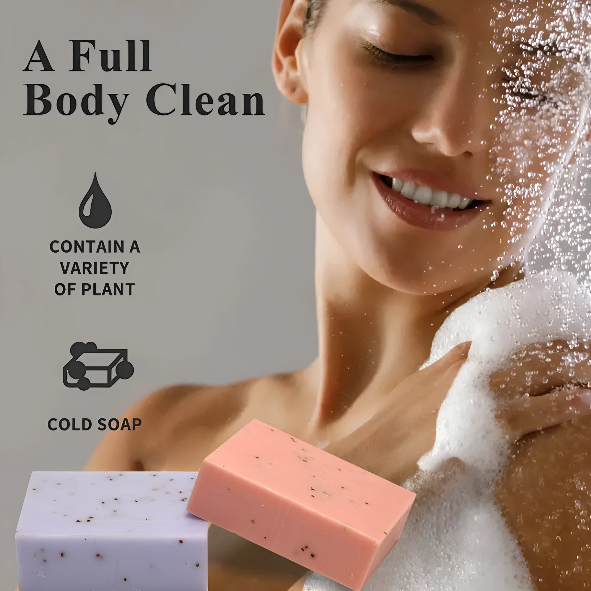 Handmade plant essential oil soap bar with frosted texture showing coconut green tea lavender rose scent options