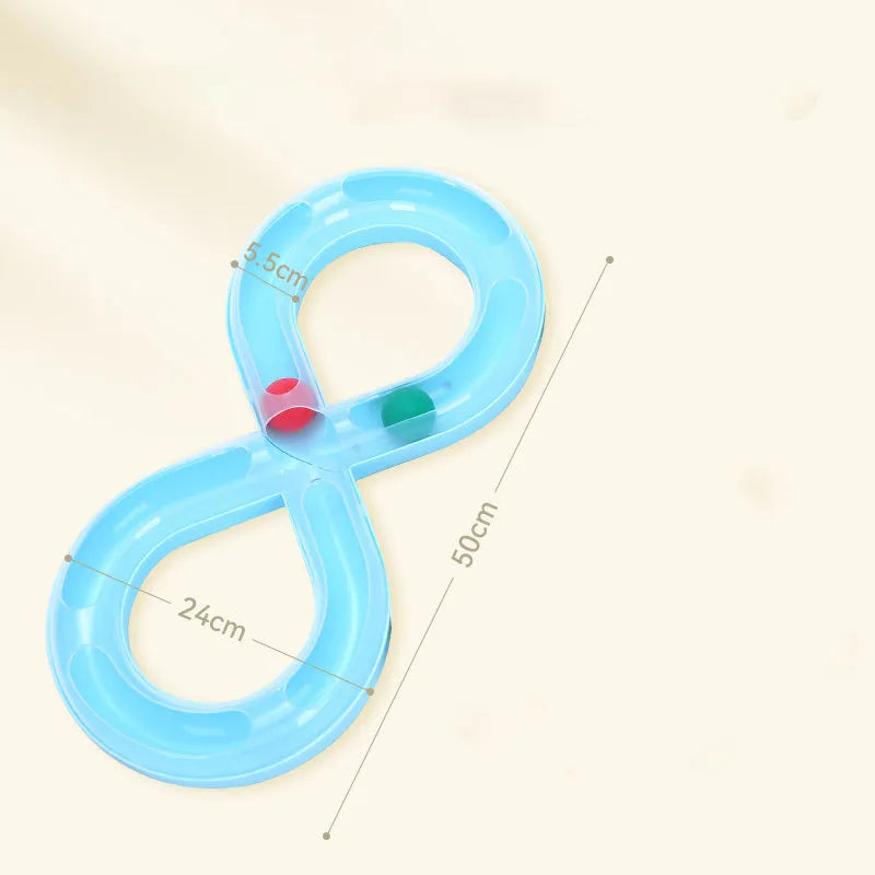 Cat toys set with rotating track ball turntable and teasing stick on white background