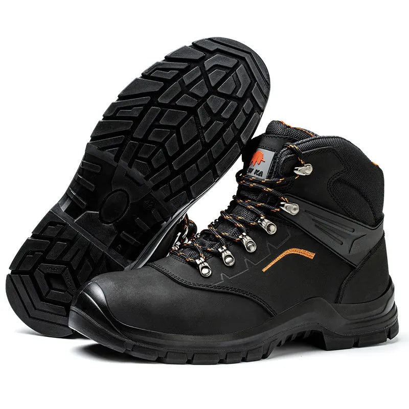Pair of thick wear-resistant non-slip breathable lightweight steel toe shoes in black cowhide high-top style