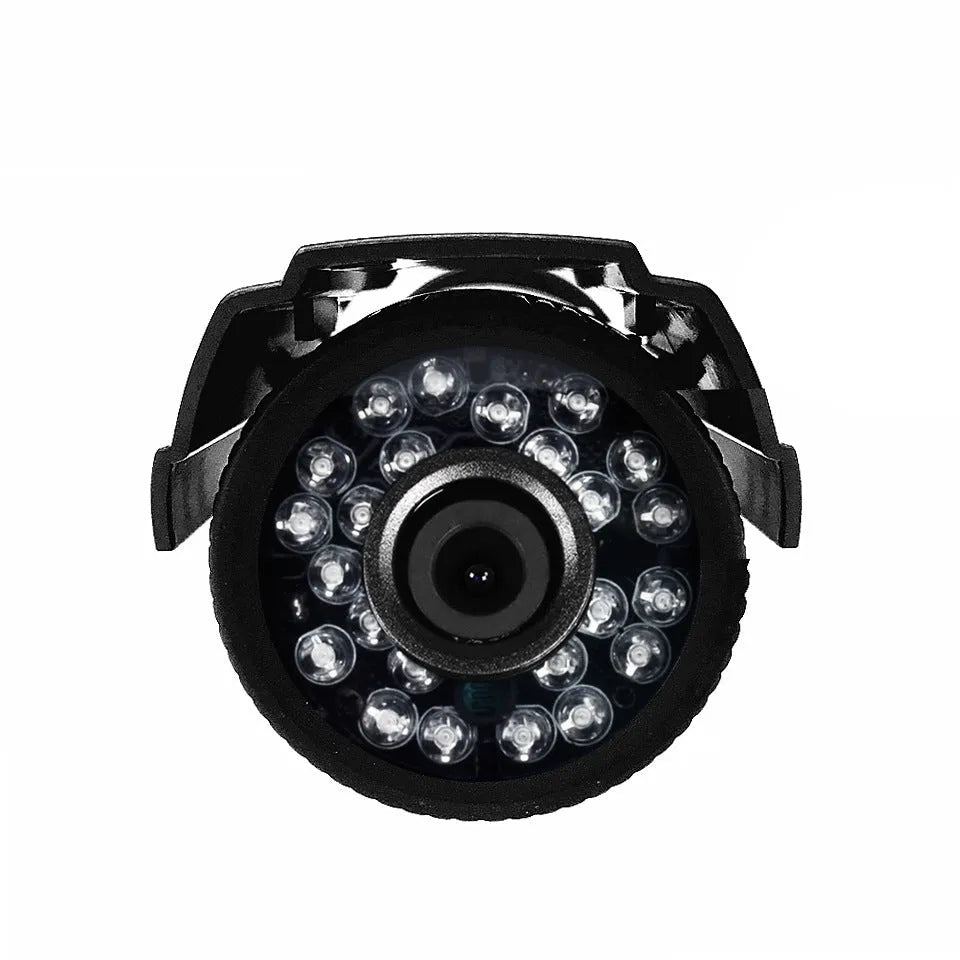 Black HD waterproof security camera with infrared LEDs for night vision.