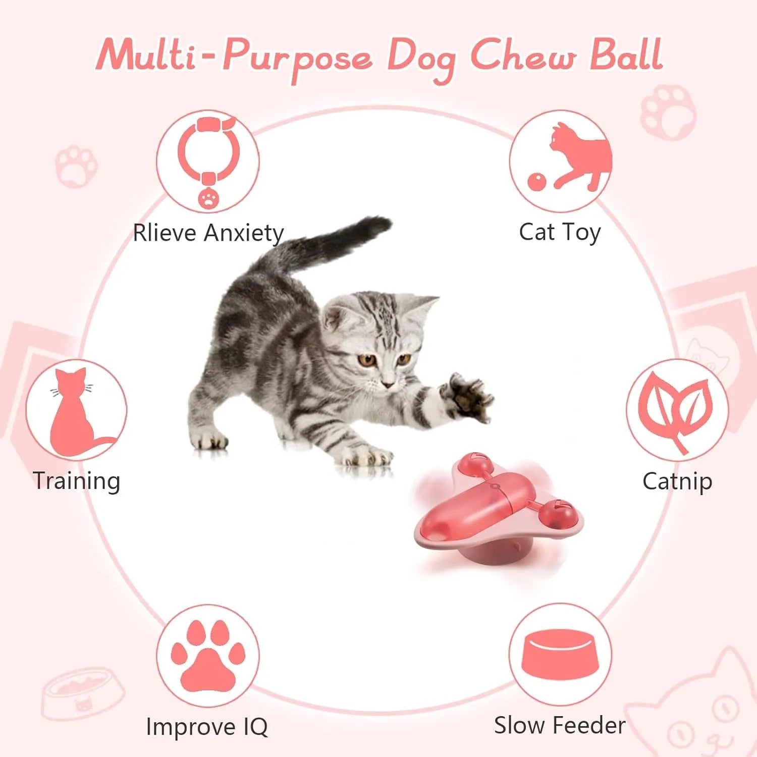 Blue interactive pet puzzle toy with bell and catnip attachments on smooth floor surface