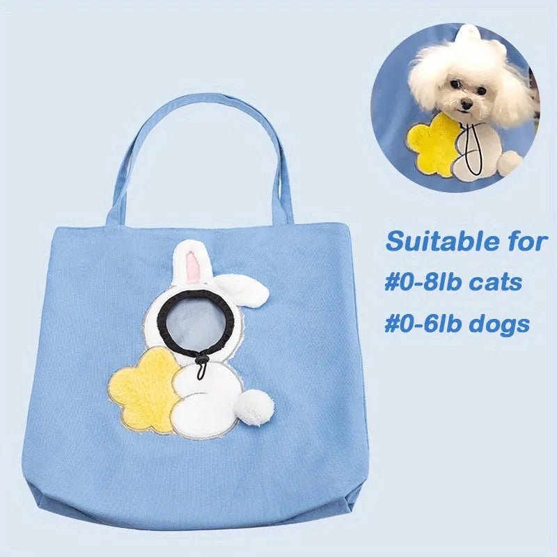 Canvas pet carrier bag with safety zippers and elastic side opening for cat or dog transport