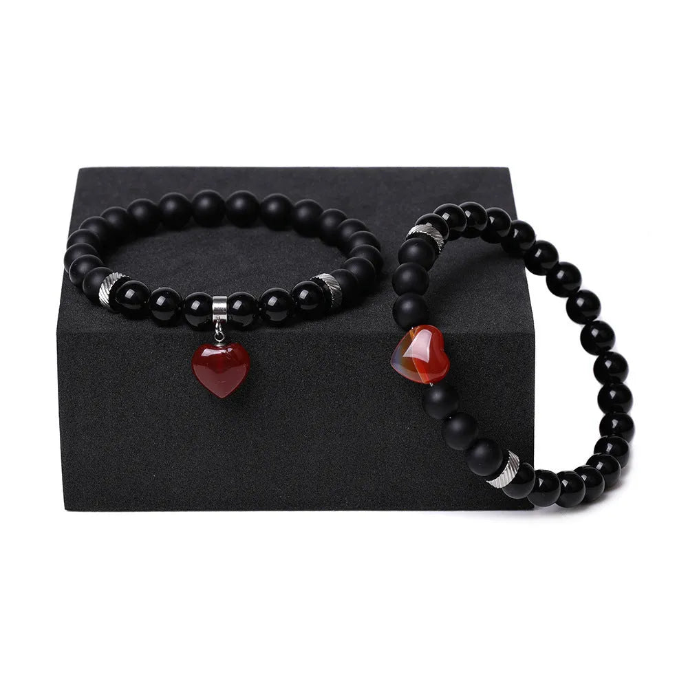 Natural stone couple love bracelet set with heart-shaped gemstone charms in various colours