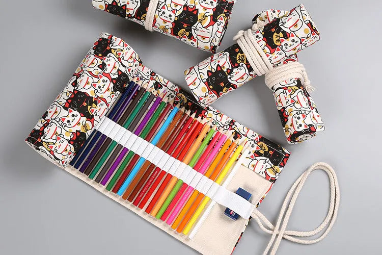 Rolled canvas pencil wrap with elastic bands holding coloured pencils, in 48-slot configuration