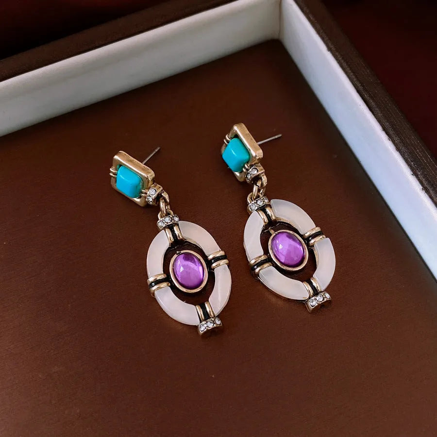 Diamond oval pendant earrings and clavicle necklace jewellery set in Chinese style alloy silver needle golden blue purple