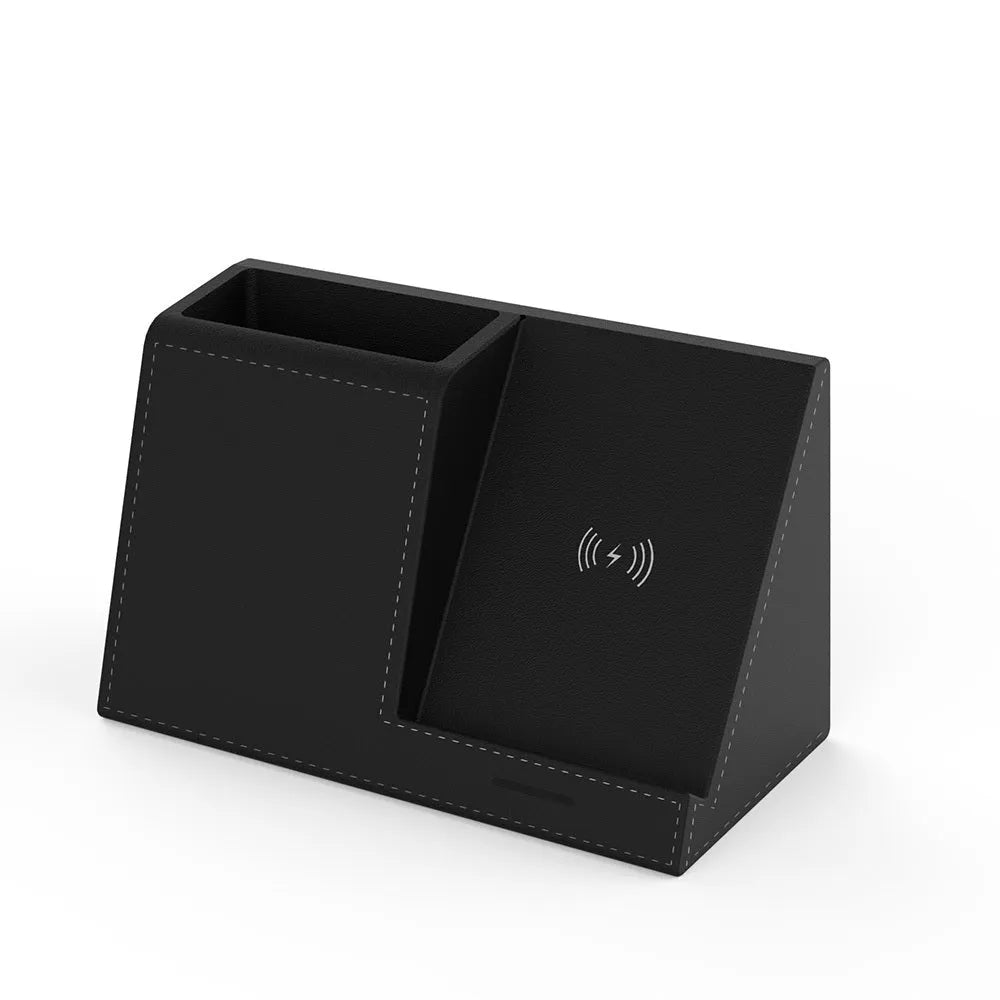 Black leather pen holder wireless charging station for desk organisation with phone charging surface