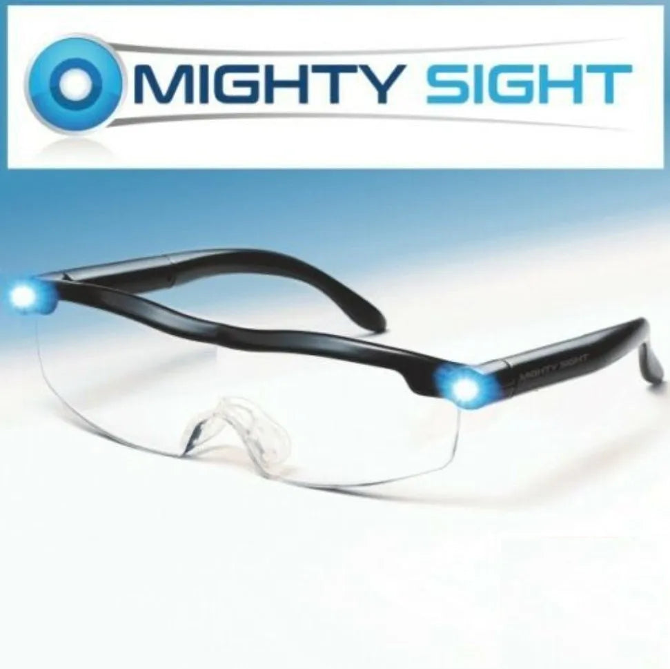 Transparent black USB LED light reading glasses showing the integrated light on the frame.