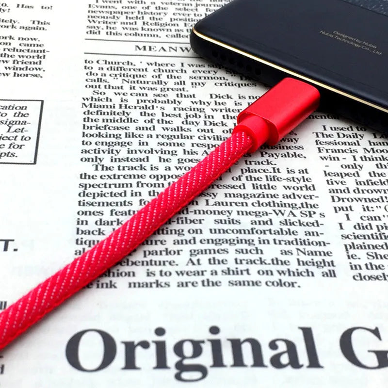 Cowboy style braided type-c charging cable with aluminium connectors in black, blue, and red colour options.