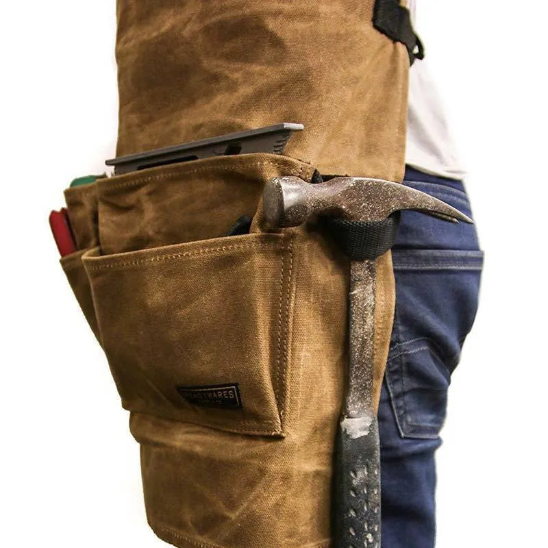 Yellow coated canvas leather webbing apron with adjustable straps for men and women, suitable for workshop and DIY tasks.