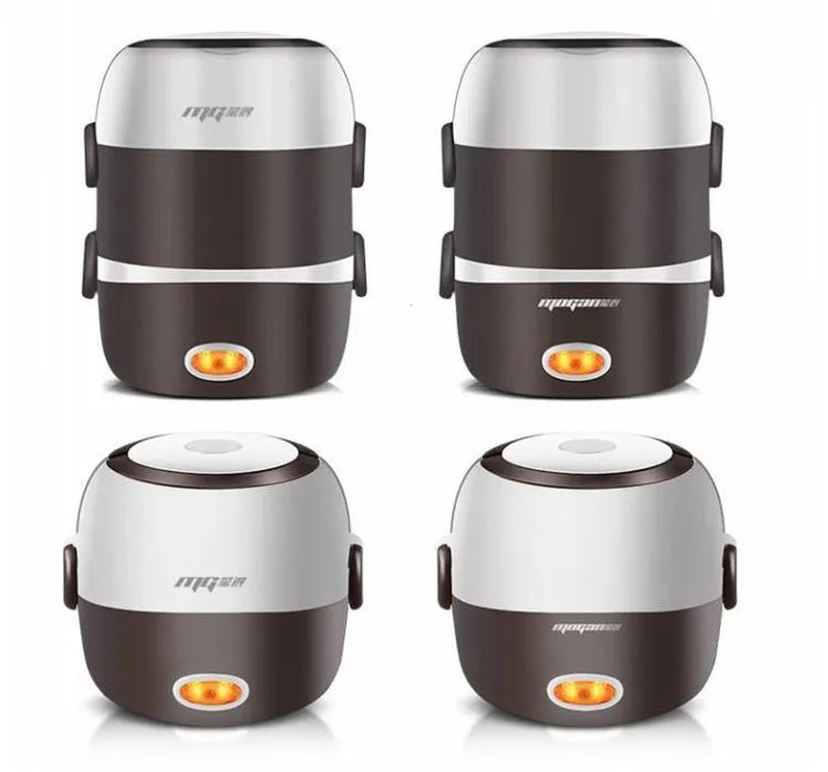 White 2L capacity rice cooker with stainless steel pot on a kitchen countertop