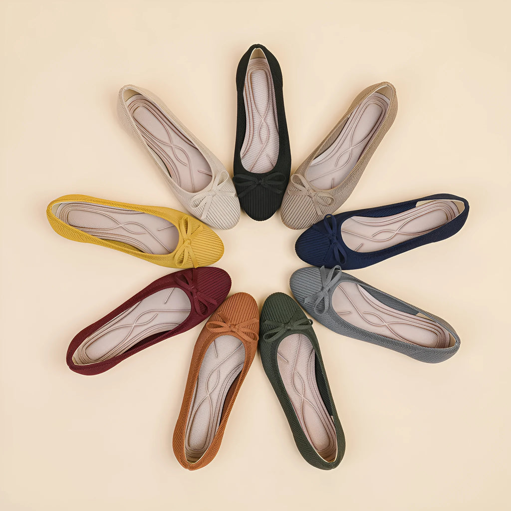 Women's round toe flat pumps with bow detail and butterfly print fabric uppers