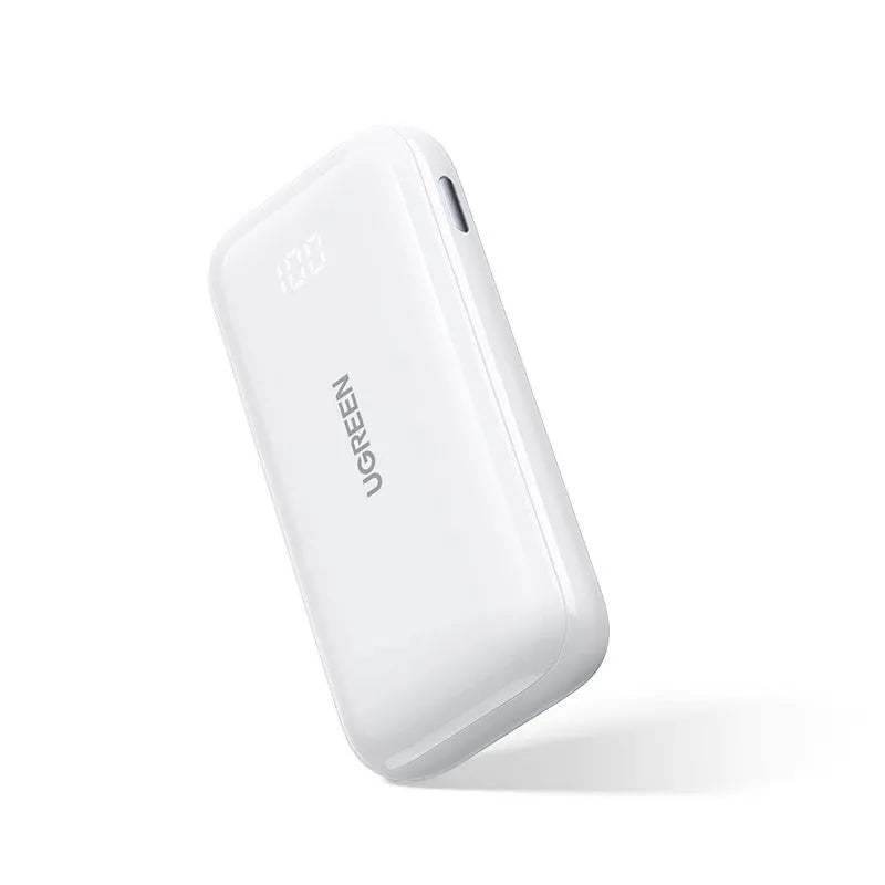 30W Fast Charge 10000 mAh power bank in Cloud White with plastic shell, showing USB-C and USB-A ports, compact size