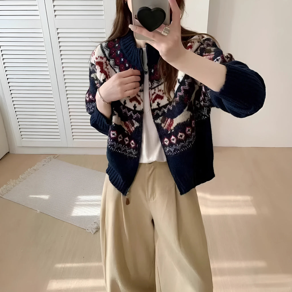 Ethnic style Jacquard pullover sweater with 3D pattern in apricot colour, showing loose fit and round neck.