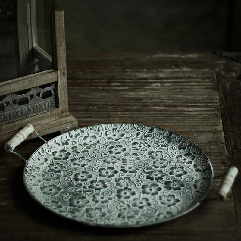 European-style round wrought iron storage tray with belt design in two size options