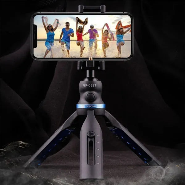 Black desktop mobile phone tripod stand with aluminium alloy legs and a plastic lazy bracket holder.