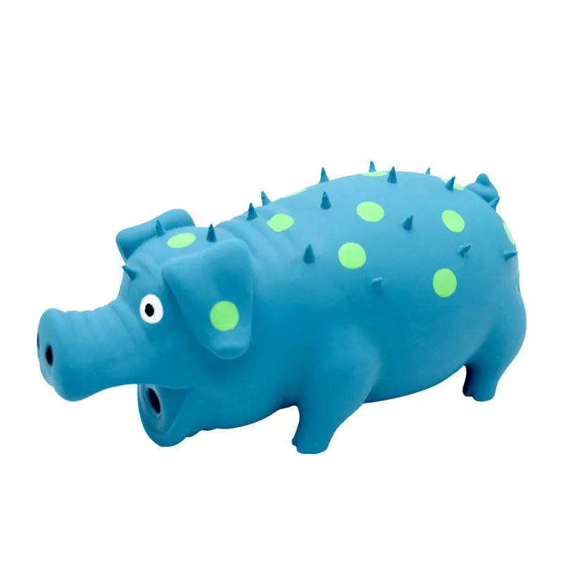 Blue latex squeaky pig-shaped dog chew toy with textured surface for teeth cleaning.