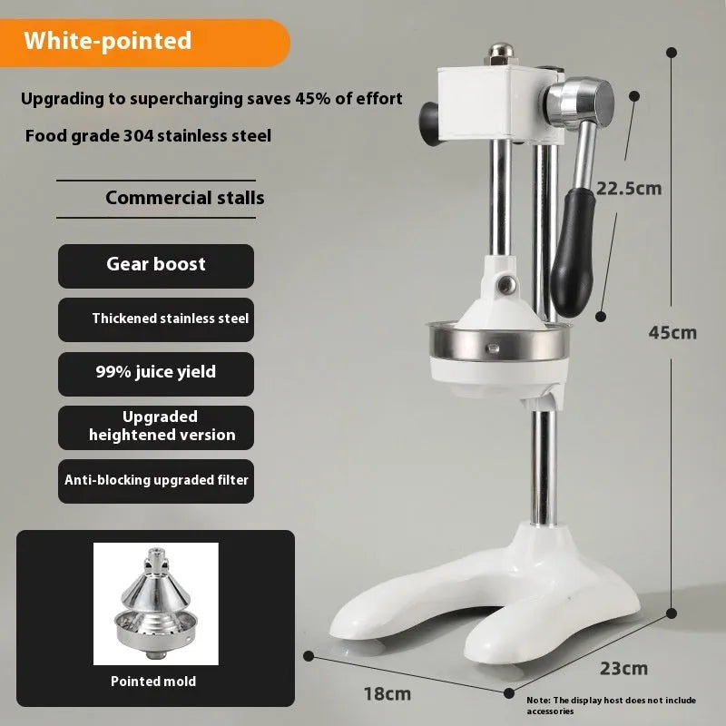 Vertical stainless steel and zinc alloy manual citrus juicer on a kitchen counter.