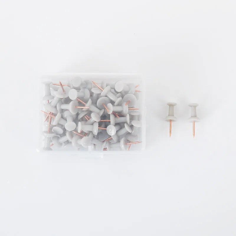 Assortment of Morandi colour push pins including green, grey, and pink tones with different head shapes