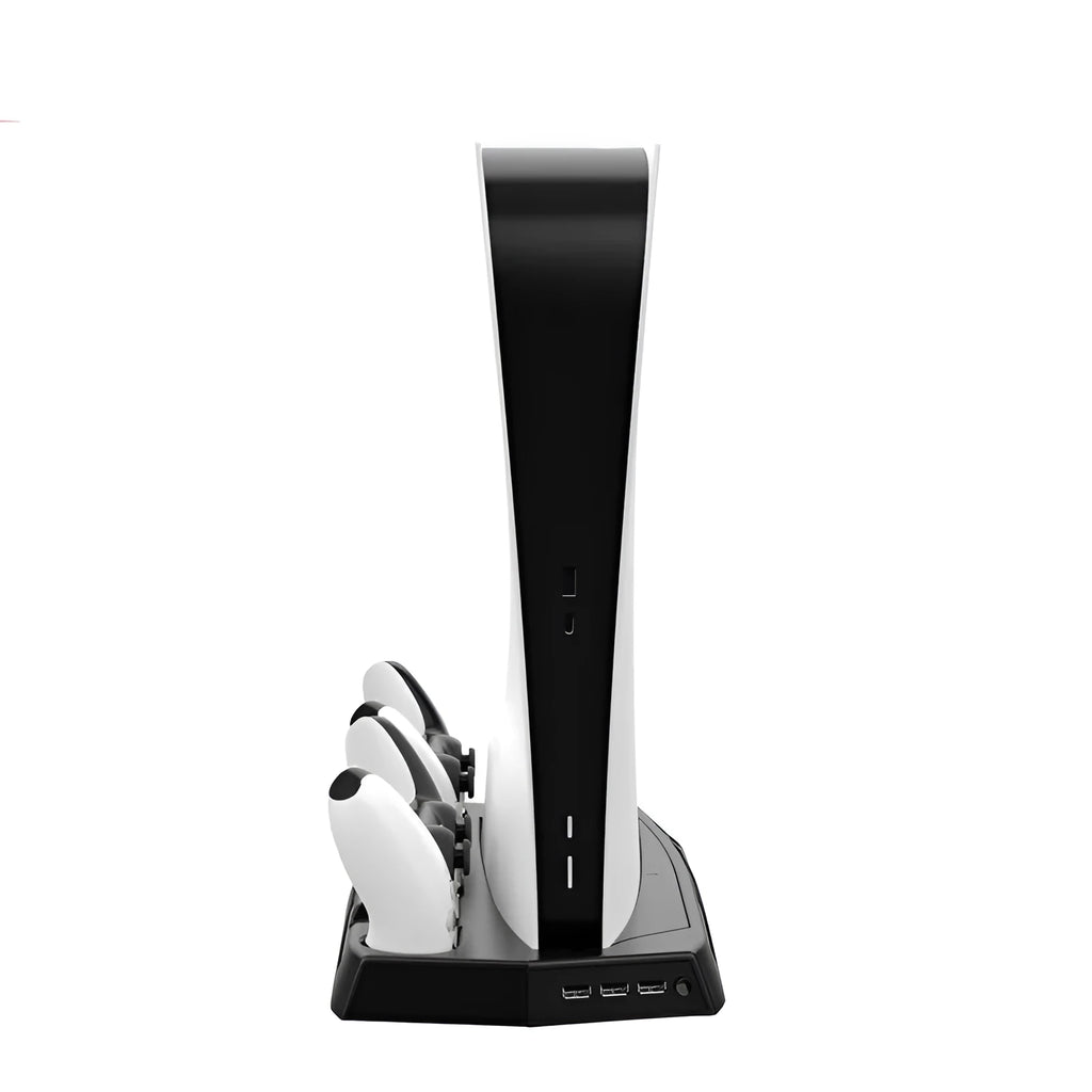 Black PS5 charging cooling fan base with dual controller slots and USB hub for console