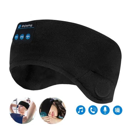 Black Bluetooth sleep mask headphones showing soft eye mask with integrated flat earphones and adjustable strap.