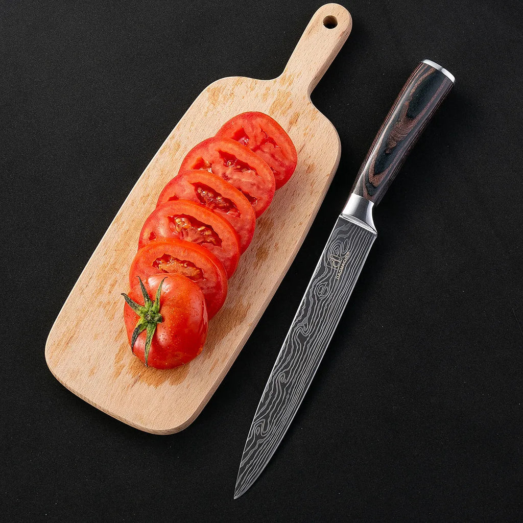 Chef knife with laser Damascus patterned blade and colour steel handle, length 30cm