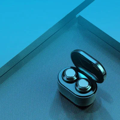 Black stereo Bluetooth wireless earbuds with earplug design for music and calls.