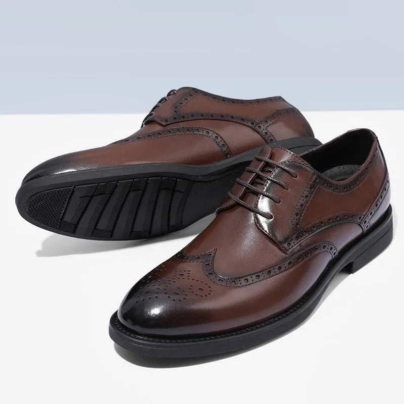 Men's black and brown brogue business shoes with traditional detailing and PU leather construction