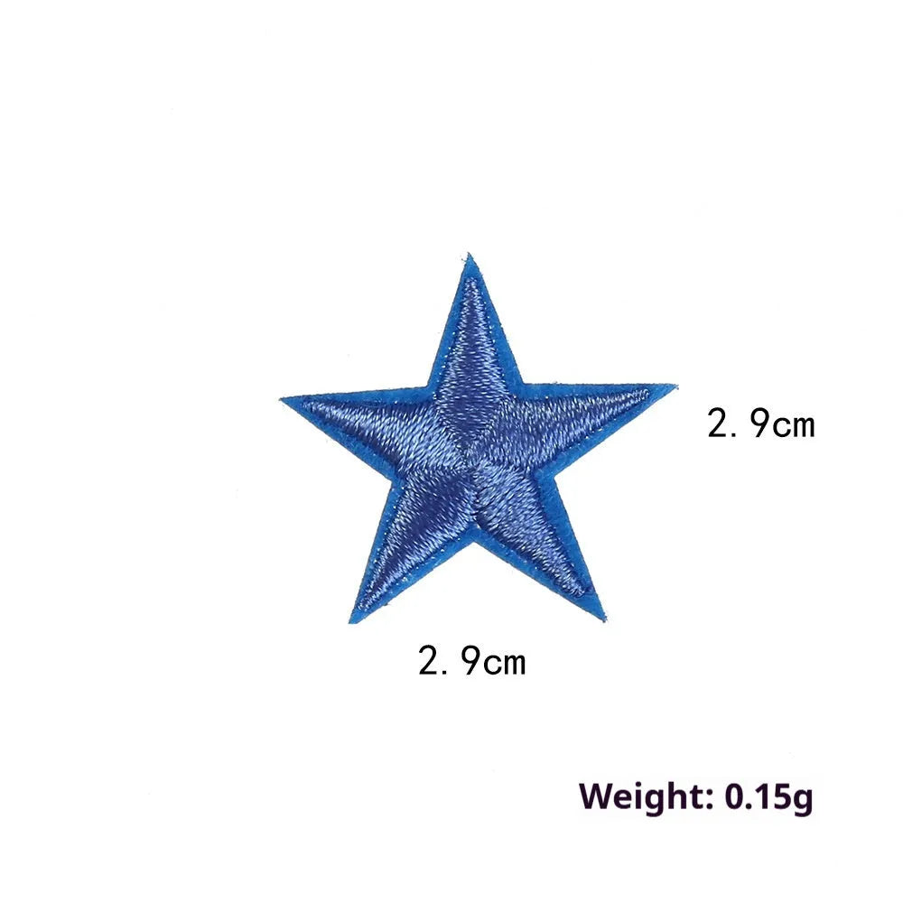 Colourful five-pointed star cloth embroidery stickers for DIY clothing decoration on a fabric background.