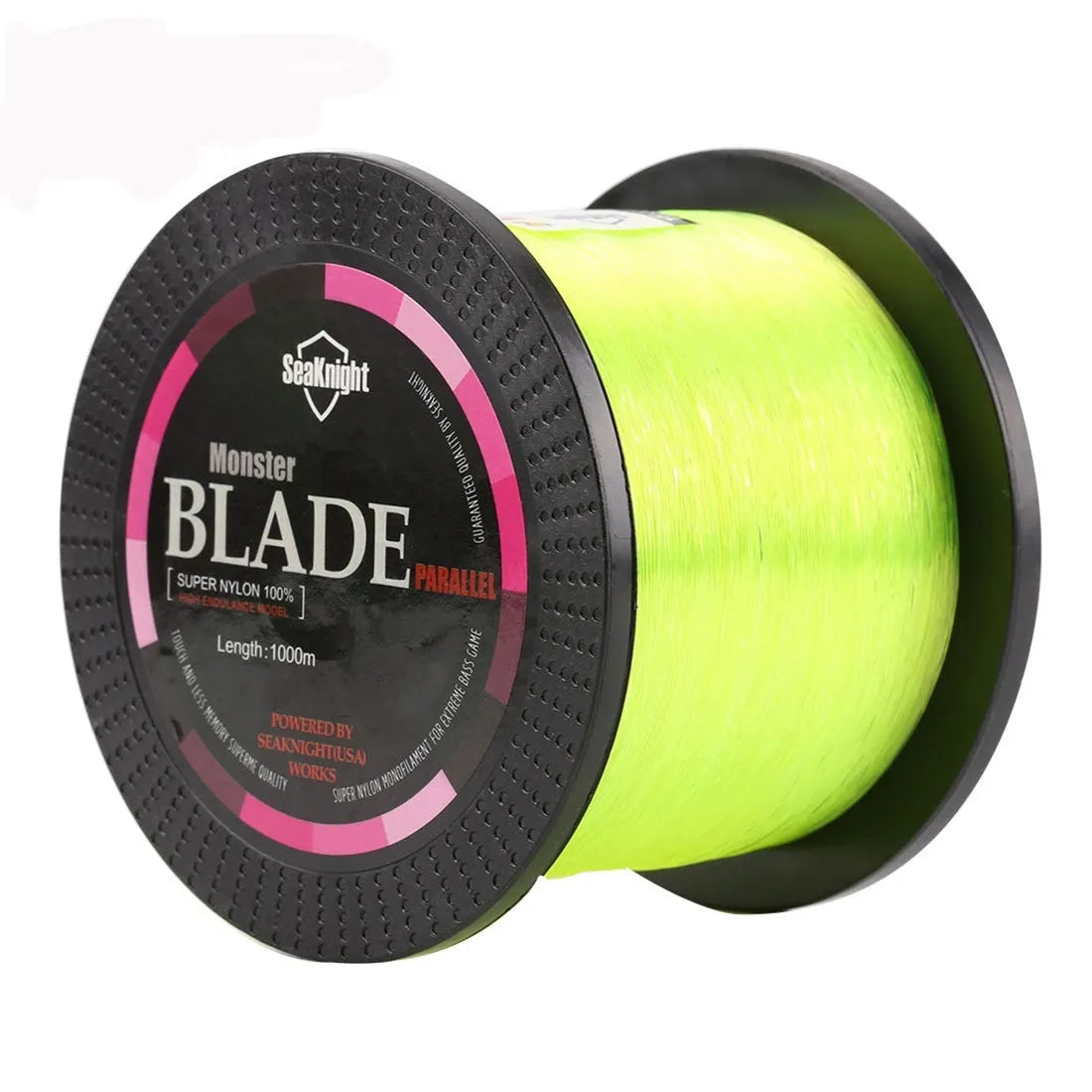 Seaknight1000 M fishing line spool showing nylon monofilament in one of five colours: black, blue, green, white, or yellow.