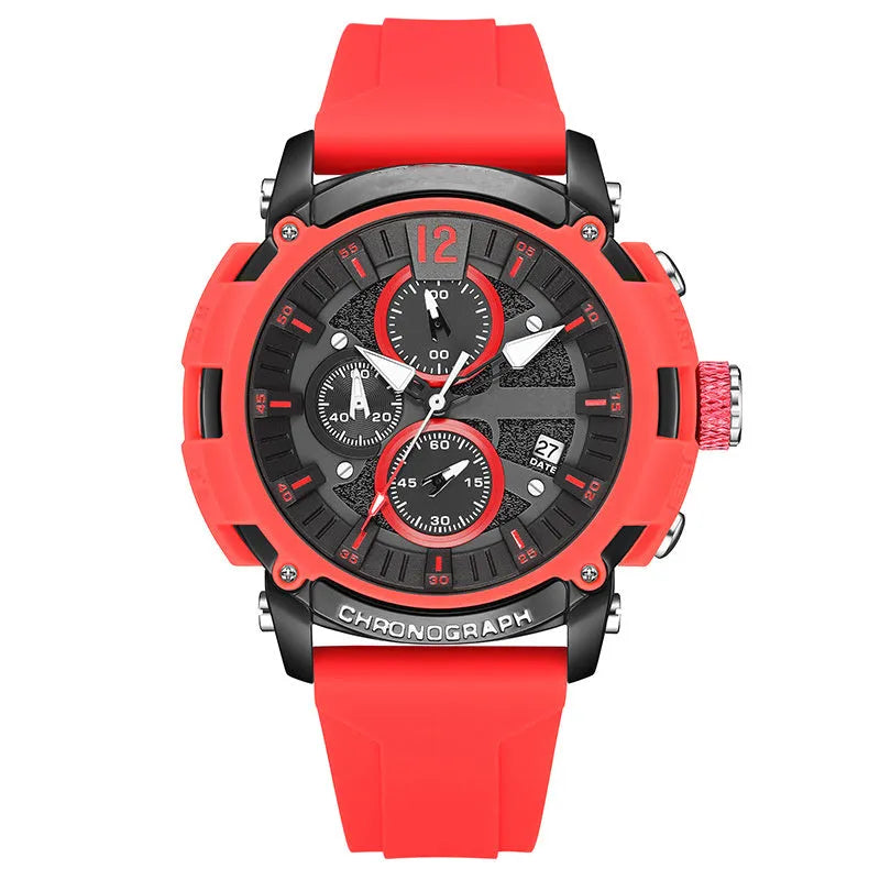 Men's digital watch with luminous display showing time and calendar, water resistant to 30 metres