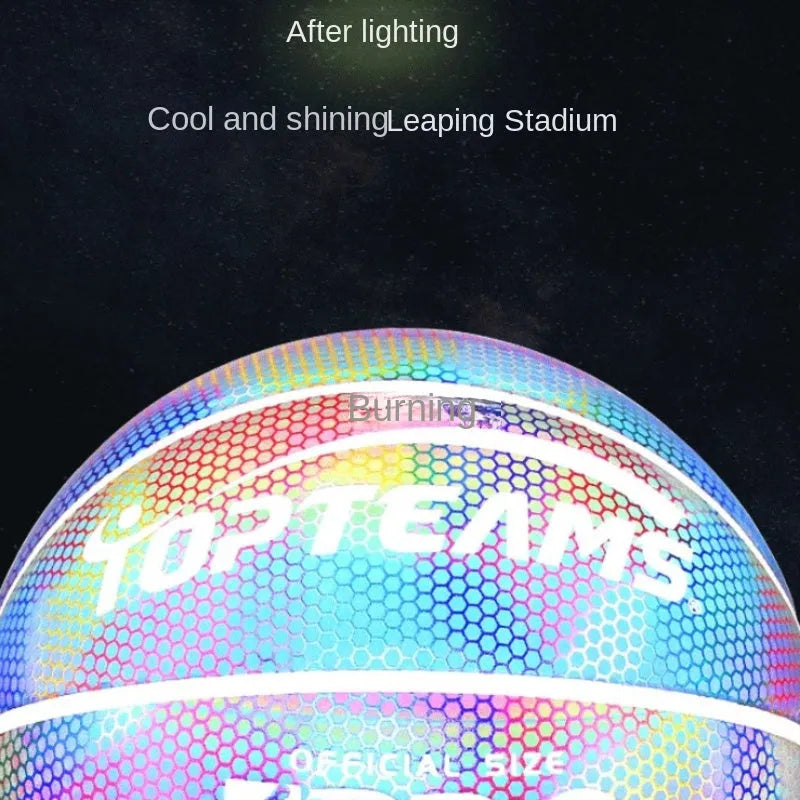 No. 7 size holographic luminous reflective basketball on a court, showing Chroma and White colour options.