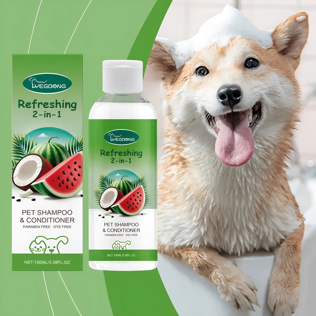 A 100ml bottle of pet 2-in-1 shampoo and shower gel with natural extracts.